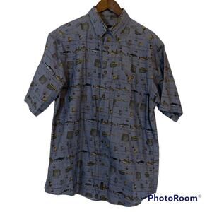VTG Woolrich Blue Fish and Fishing Gear Button Up Shirt Men’s Size Large